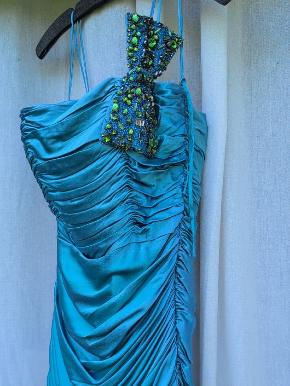 Jovani 155788 Turquoise One-Shoulder Ruched Satin Evening Gown with Beaded Bow - Picture 3 of 7